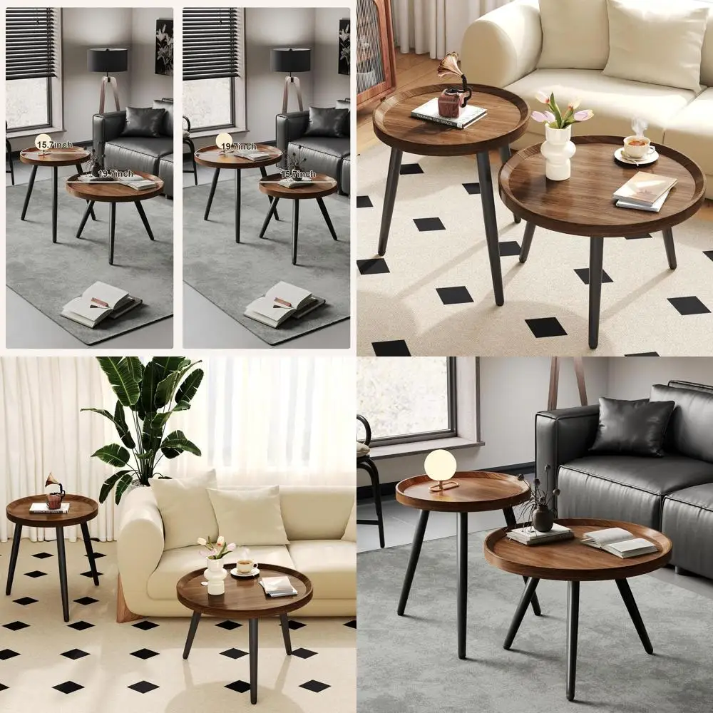 

2-Piece Compact Round Coffee Table Set, Modern Living Room Furniture, Walnut Finish Nesting Tables for Small Spaces, Easy Assemb