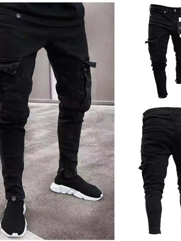 

Мужские повседневные эластичные джинсовые джинсы на молнии, облегающие длинные брюки, модные модные брюки из полиэфирного волокна, всесезонные