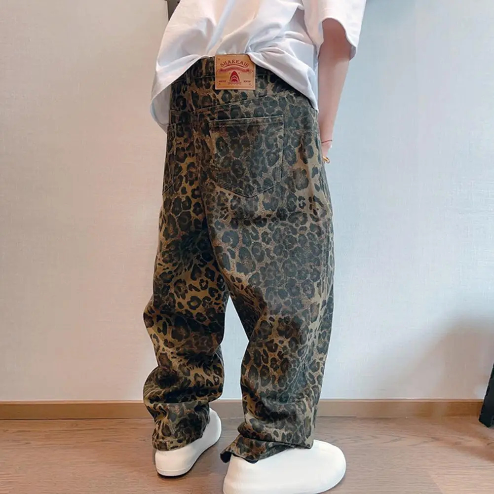 Calça masculina solta profunda Virilha retrô Hip Hop, estampa de leopardo, bolsos respiráveis macios, cintura média, calçadão de comprimento total, calças compridas