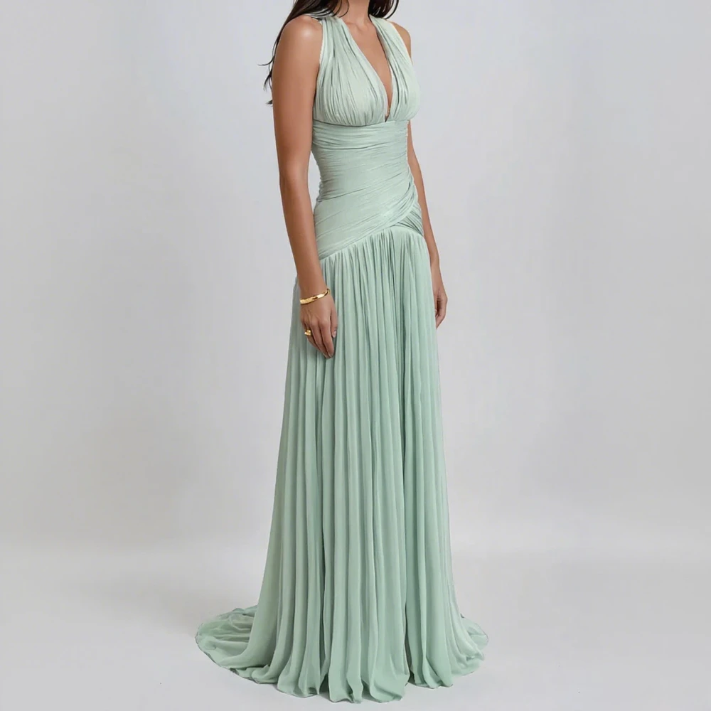 VGH Sexy Patchwork Rückenfreies Kleid für Frauen Neckholder Ärmellos Gespleißt Falten Hohe Taille Schlank Design Maxi Kleider Weibliche Neue