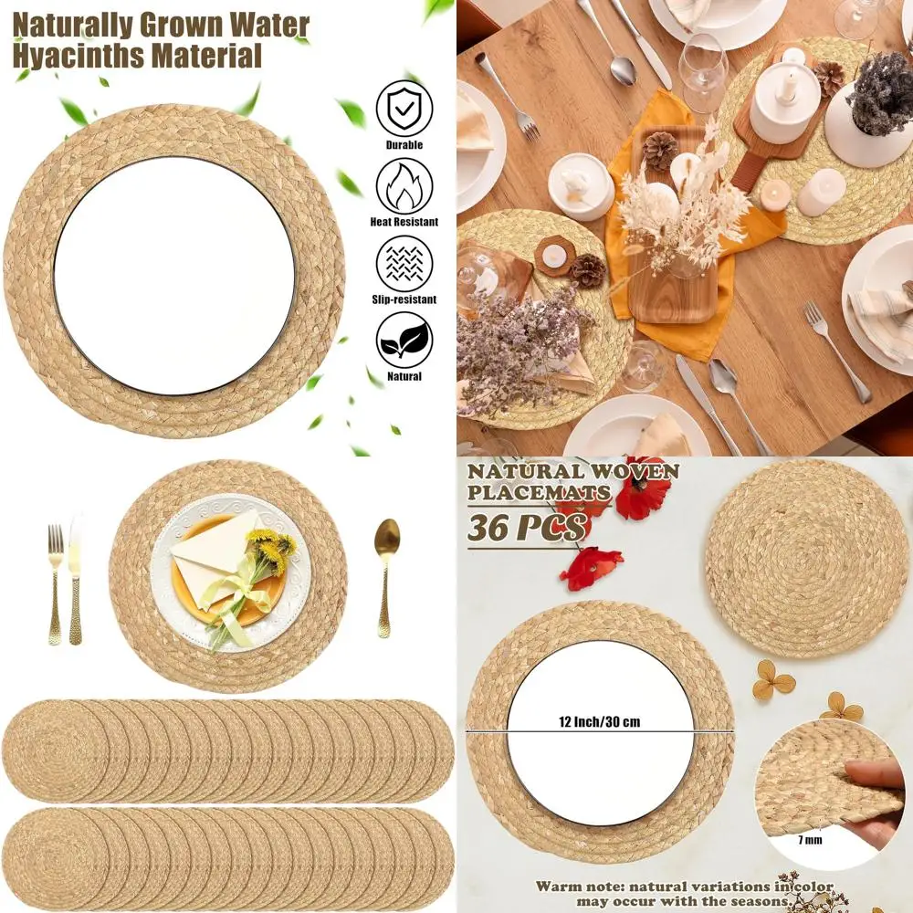 

36-Pack 12 Natural Woven Water Hyacinth Placemats, Handcrafted Boho Rattan Table Mats for Home and Farmhouse Dining