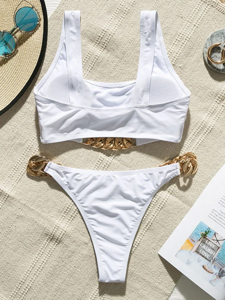 High Cut Metal Chains Bikini Women Swimsuit Female Swimwear Two Pieces Bikini Set Snake Skin Bather Bathing Suit Swim Beach Wear