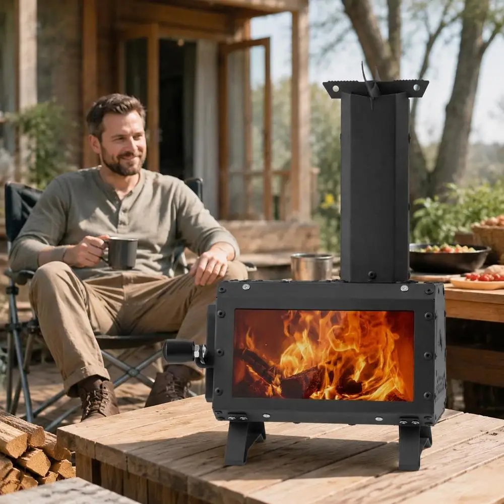 Outdoor-Holzofen mit 2 cm dickem hitzebeständigem Glaskeramikfenster, Kohlenstoffstahlstruktur und Bakelit-Verbrühschutz
