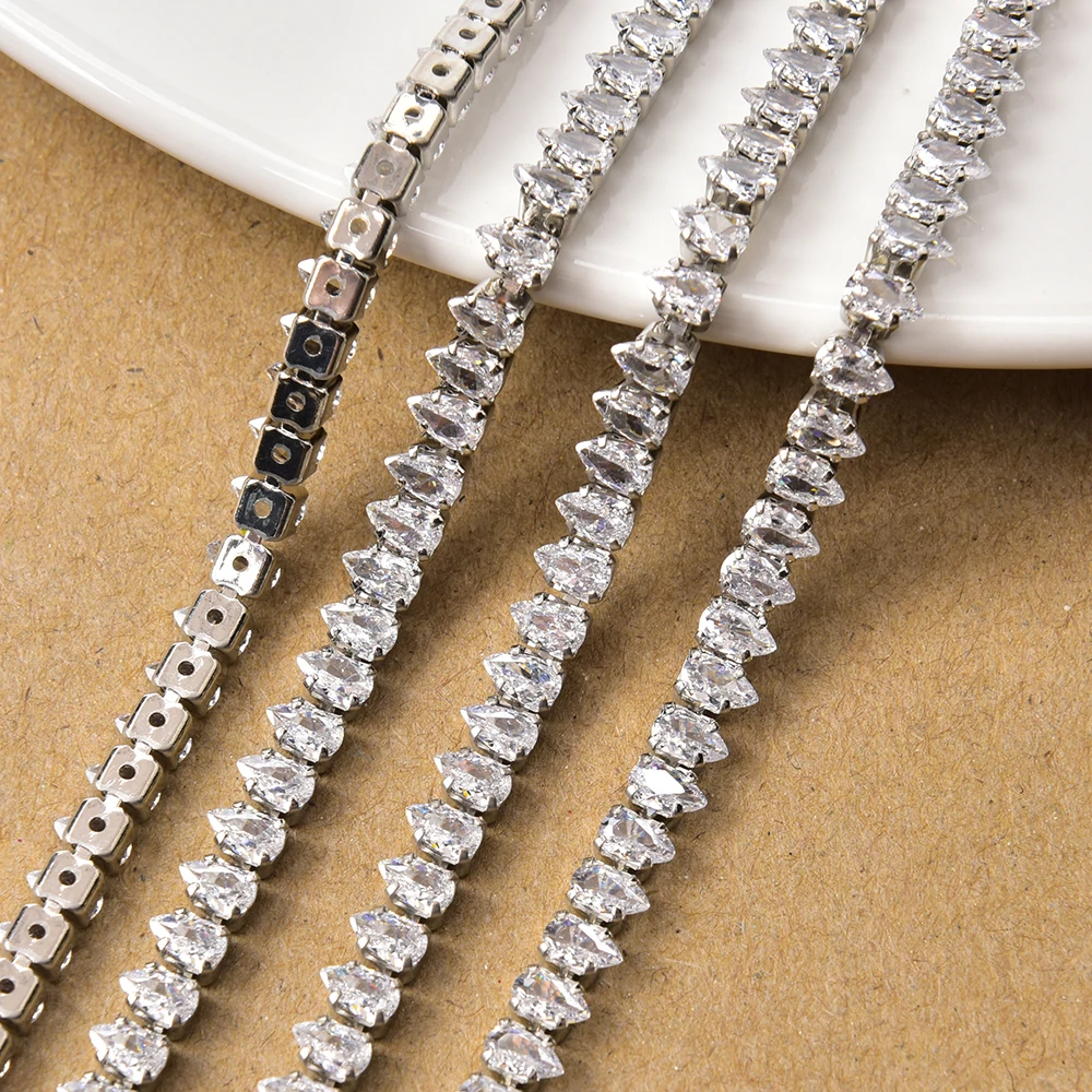 Shiny Silver Base Round Teardrop Rectangle Clear Zircon Rhinestone Chain Crystal Trim For Nail Art Jewelry Clothes Accessories