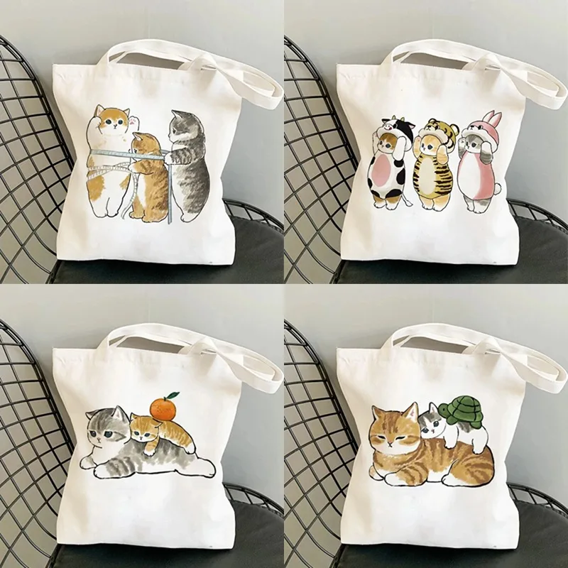 Cute Cat Canvas Shopping Bags Casual Ladies Shopping Bags Large Capacity Printing Women Tote Shoulder Bags Girls School Bags