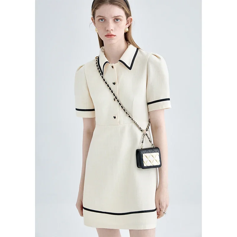 2024 Women\'s Summer Puff Sleeves Turndown Collar Polo Shirt Dress French Cute Classic Preppy Style Golf Tennis Mini Dresses Y2K