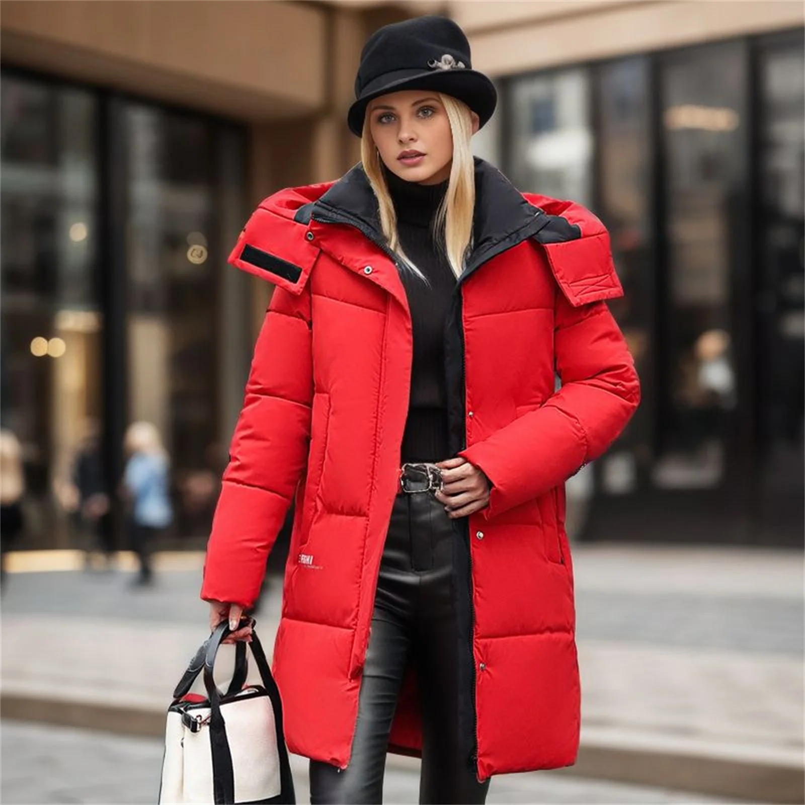 Women\'s Winter Puffer Jacket Stylish And New Thickened Hooded Armband Midi Padded Jacket Solid Color Thermal Coat