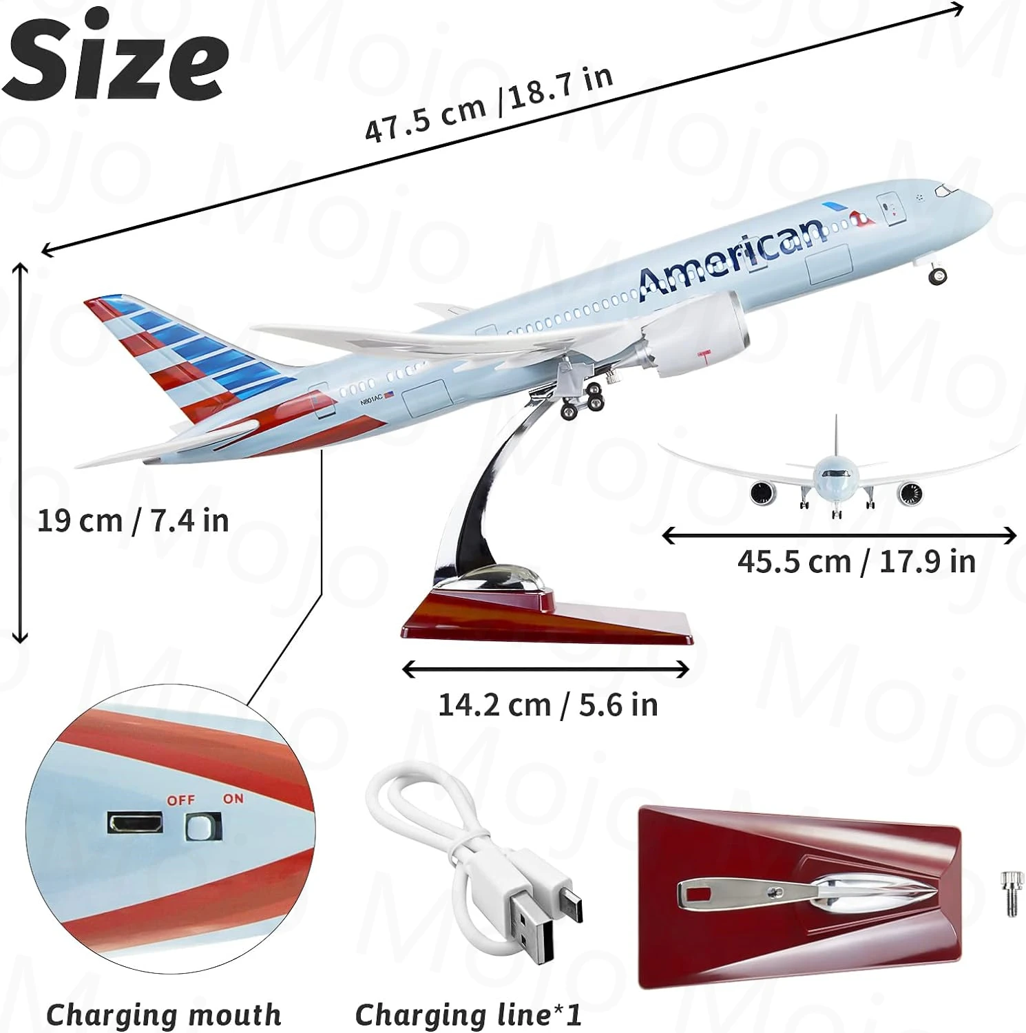 1:130 Scale 43 cm 787 Boeing Jetliner American B787 Aircraft Model Die-Cast Resin Plane Jewellery With LED Lights Can Be A Gift