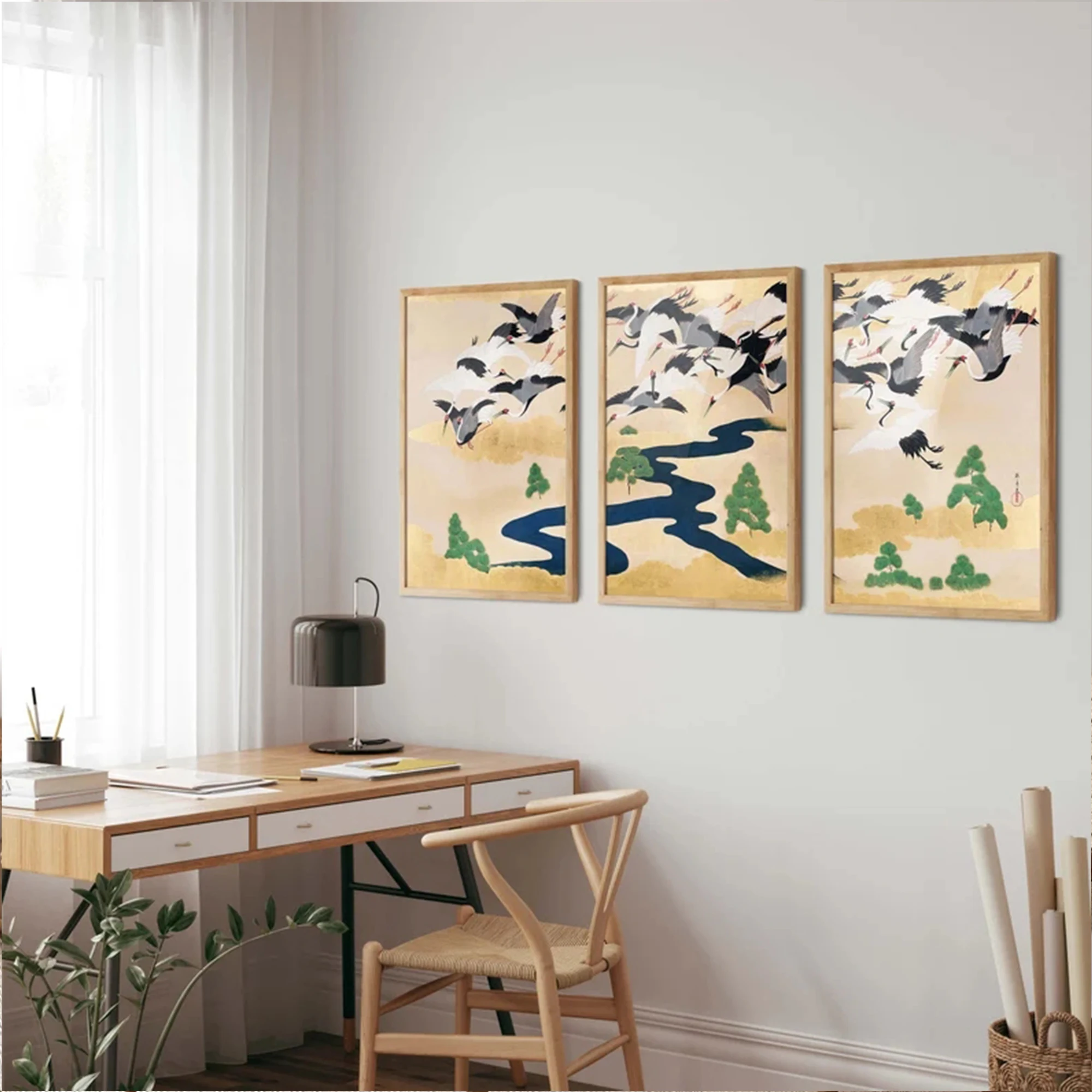 3枚組 レトロな日本の鶴の絵 ウォールアートプリント キャン - Home Decor Japanese のレビューと価格