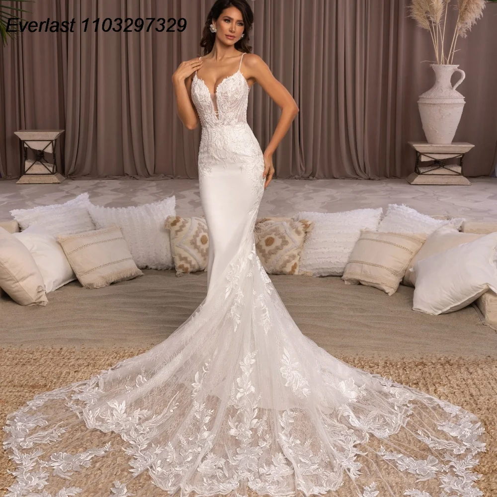 

EVLAST Elegant Mermaid Lace Wedding Dress 2025 Spaghetti 3D Floral Appliue Vestido De Novia Bridal Gown Robe De Mariee TMD15