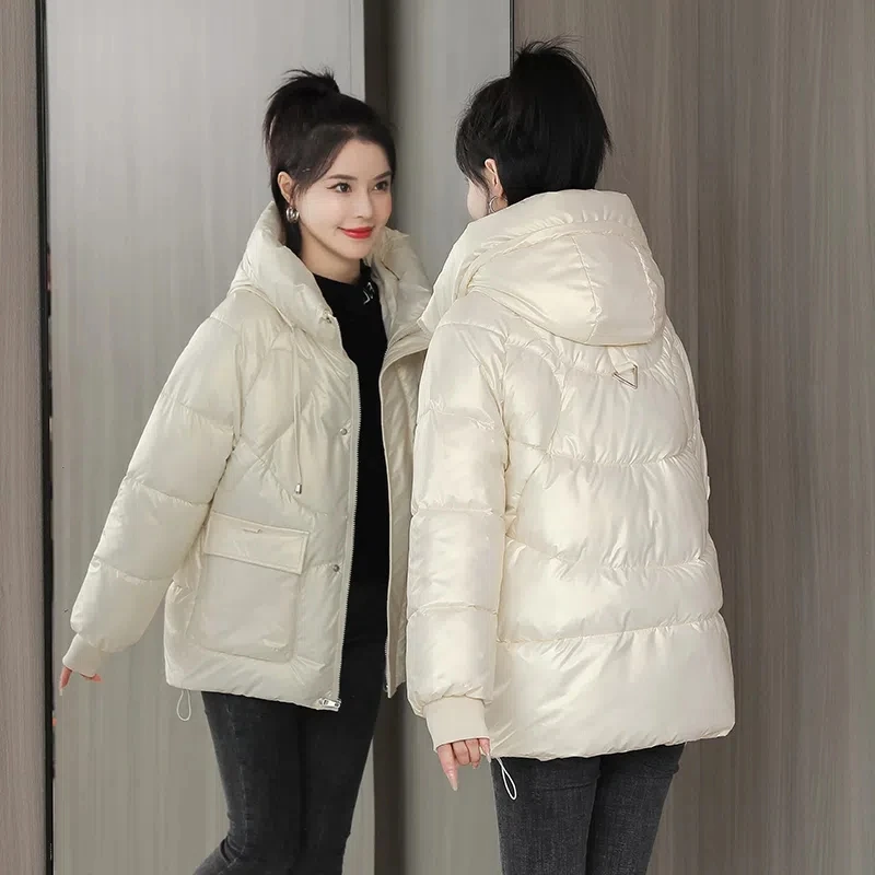 Chaqueta de invierno para mujer, abrigo de algodón brillante, chaqueta acolchada de algodón holgada coreana, Parkas con capucha para mujer, prendas