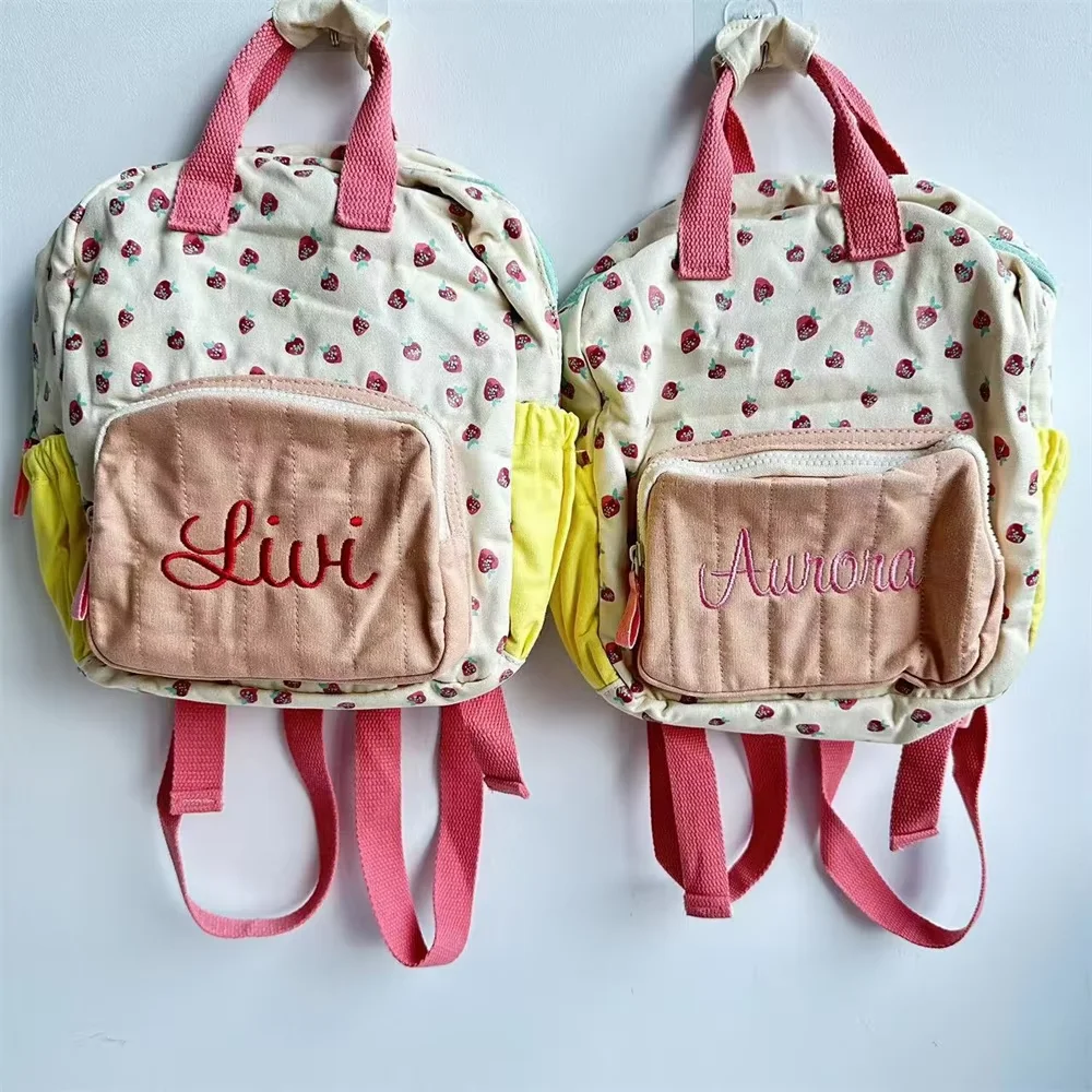 Personalized Name Kids Strawberry Backpack Custom Primary School Schoolbag Girls Outgoing Snackbag New Cotton Canvas Backpack