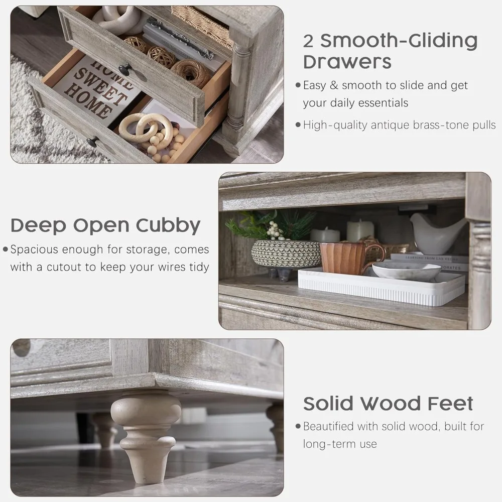 24'' Farmhouse End Table w/4 Solid Wood Feet, Large 2 Drawers Wide Sofa Side Table with Charging Station, Tall Rustic