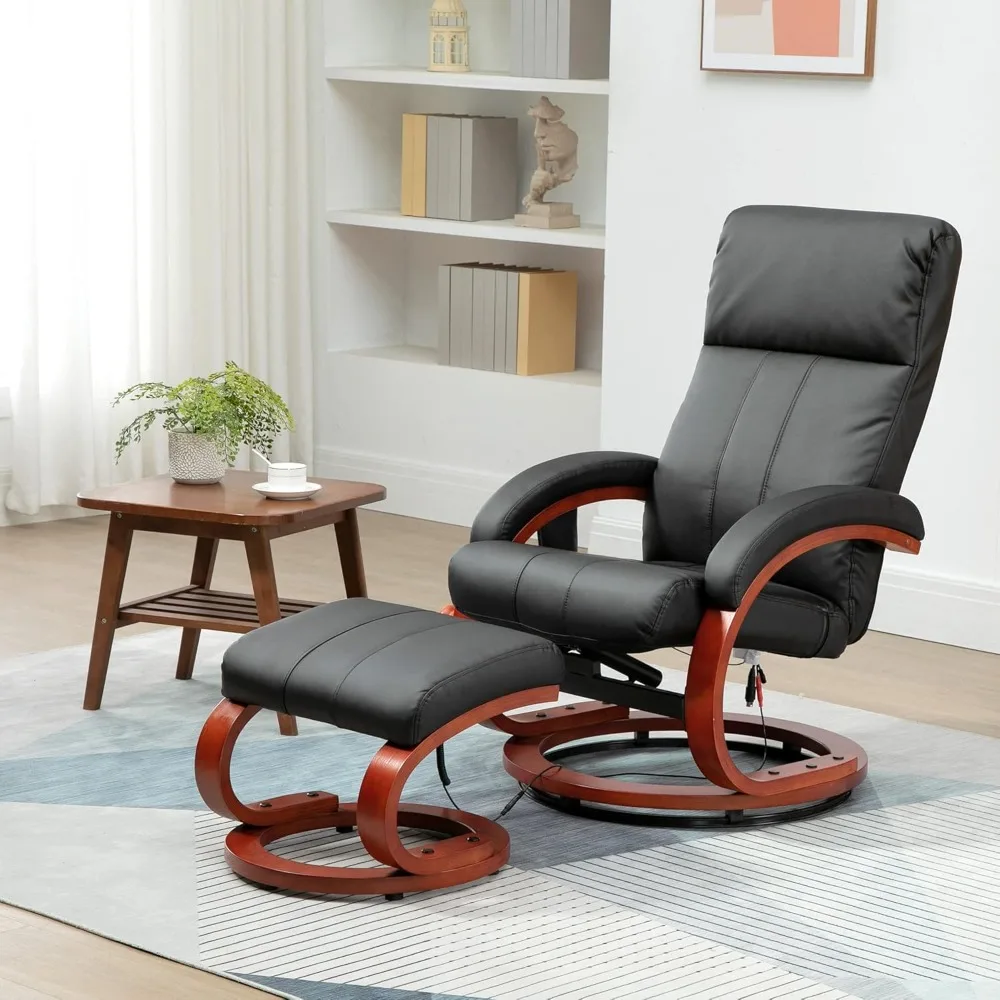 Swivel Recliner Chair w/Ottoman, Electric Faux Leather Recliner w/10 Vibration Points & 5 Massage Mode, Wood Base & Side Pocket