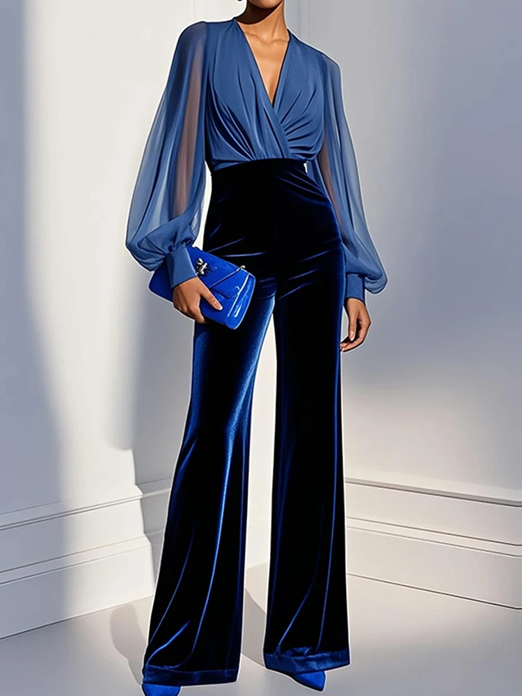 

Модные лоскутные шикарные комбинезоны с V-образным вырезом, женские весенние элегантные комбинезоны с длинными рукавами, широкие брюки с высокой талией, женские боди