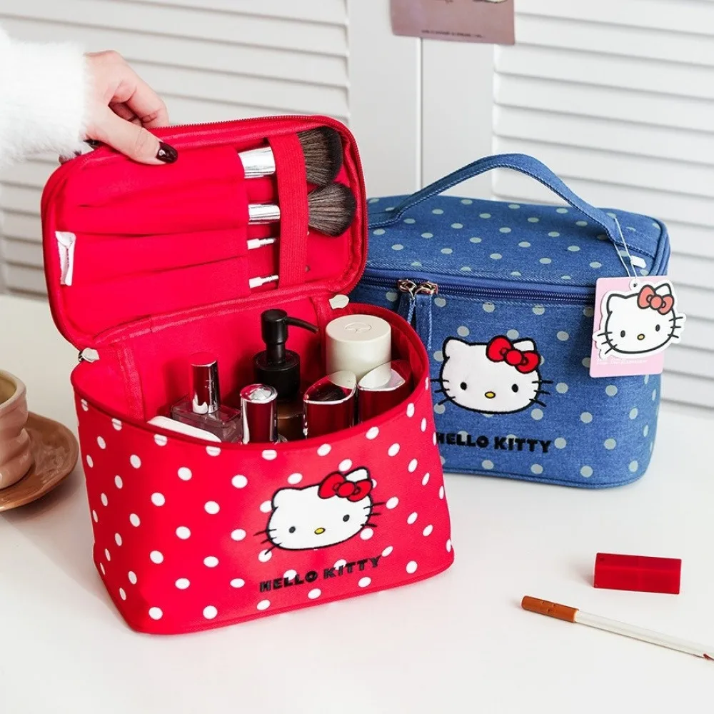Cute Hello Kitty Portable Travel Storage Bag, Cat Polka Dot Makeup Bag, Large-Capacity Partitioned Cosmetic Storage Box