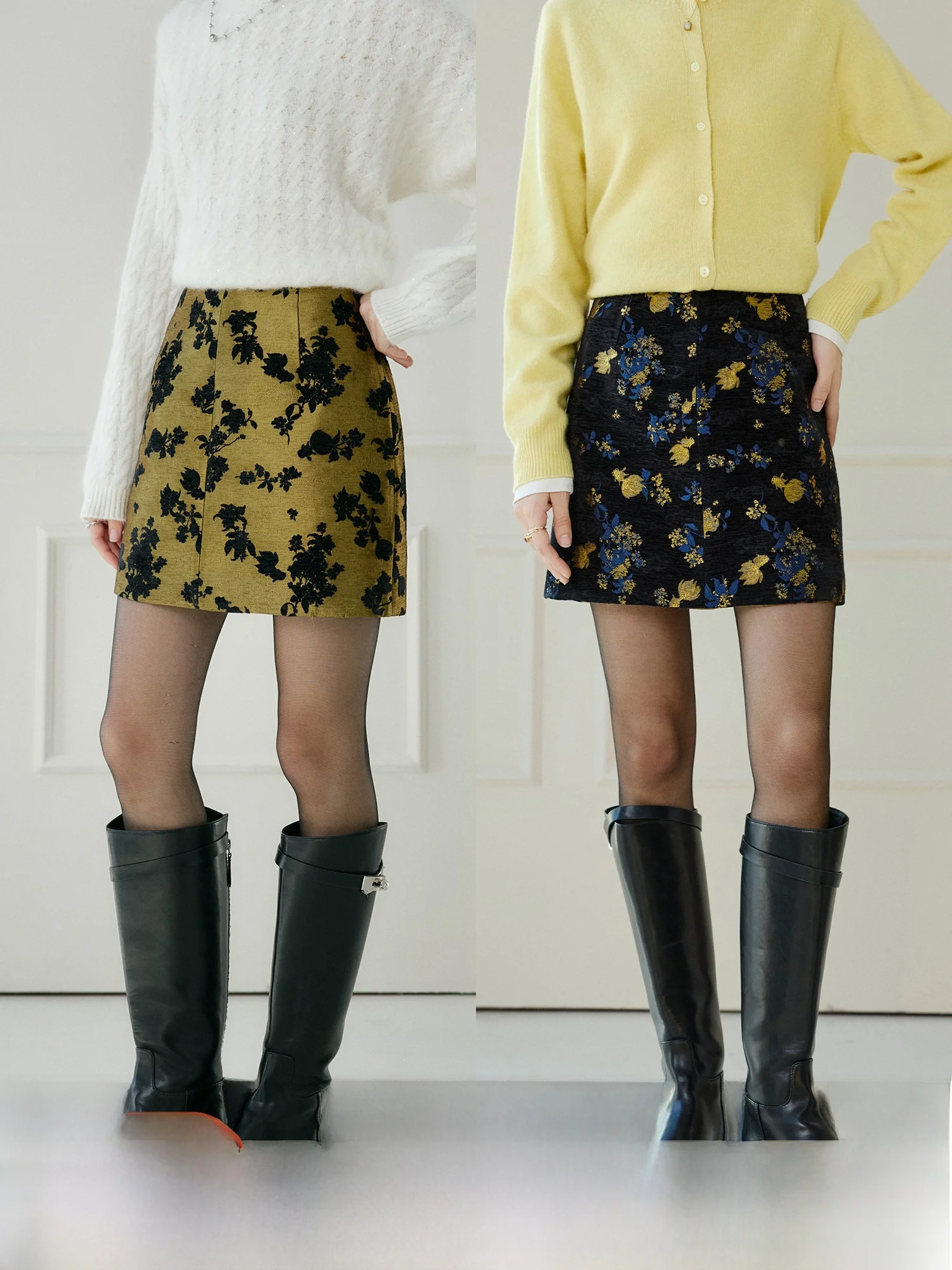 하이웨이스트 스트레이트 컷 헴 스커트 양면 착용 가능 플로럴 자수 원단 여성 패션 출퇴근용 폴리에스터 섬유 A라인 스커트