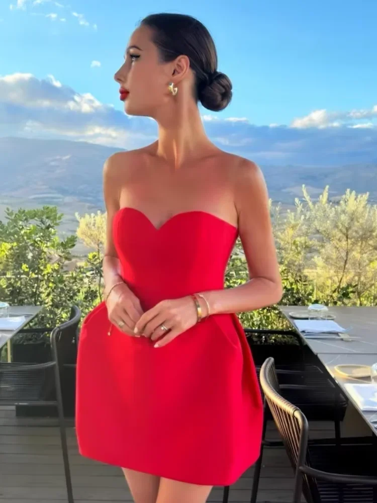 Fashion Red Backless High Waist A-line Dress For Women Sleeveless Bodycon Pleated Short Robes 2025 Elegant Evening Party Dresses