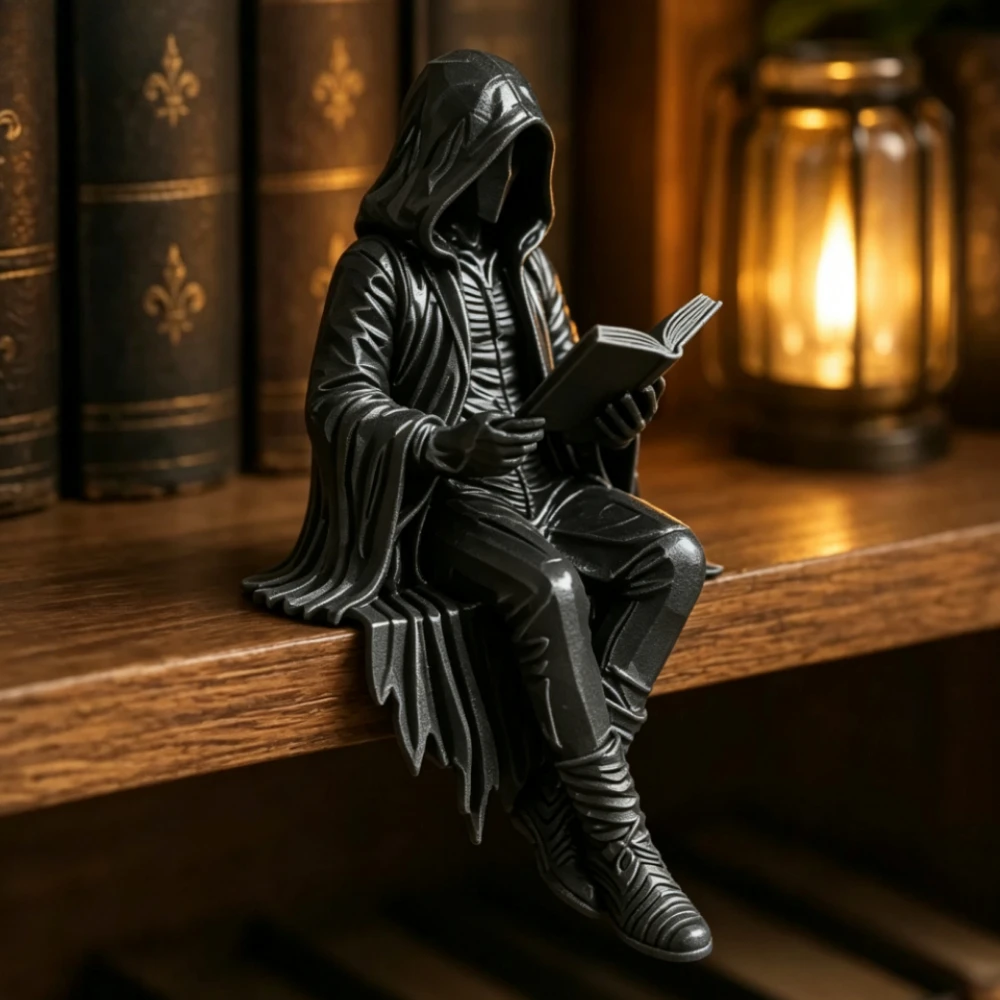 Mysterious Cloak Scholar Shelf Edge Statue 3DPrint Faceless Hooded Figure Reading Book Figurine Dark Academia Desktop Decor Gift