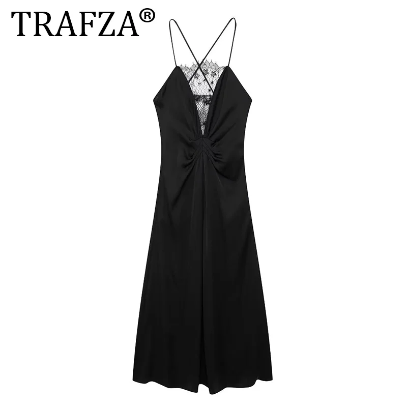 TRAFZA Female Beach Style Sexy Long Dress Black Sleeveless Backless Lace Decorate Zipper Summer Dresses Woman 2024 Trendy