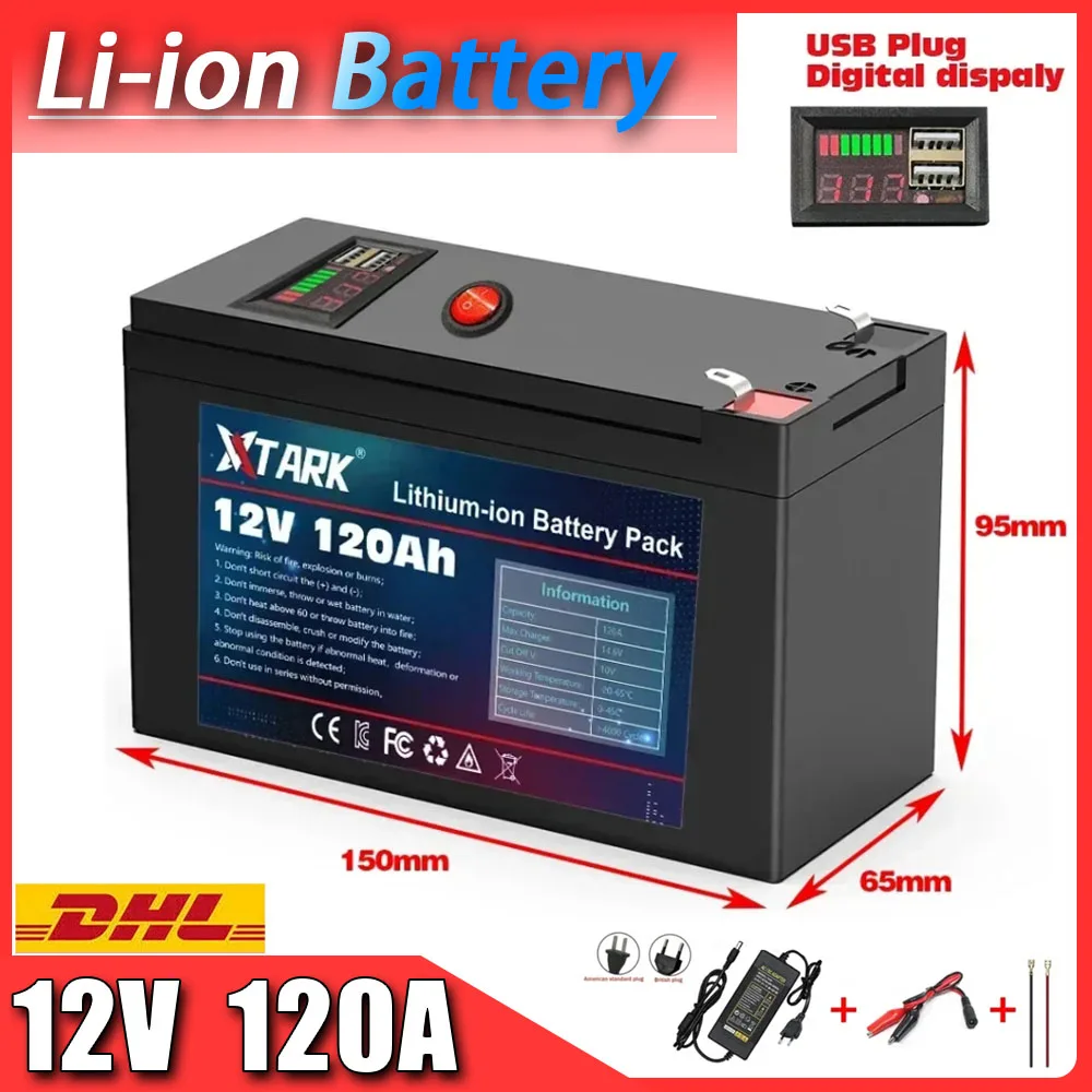 

120Ah 18650 lithium battery pack 12V Battery Rechargeable battery for solar energy electric vehicle battery+12.6v3A charger