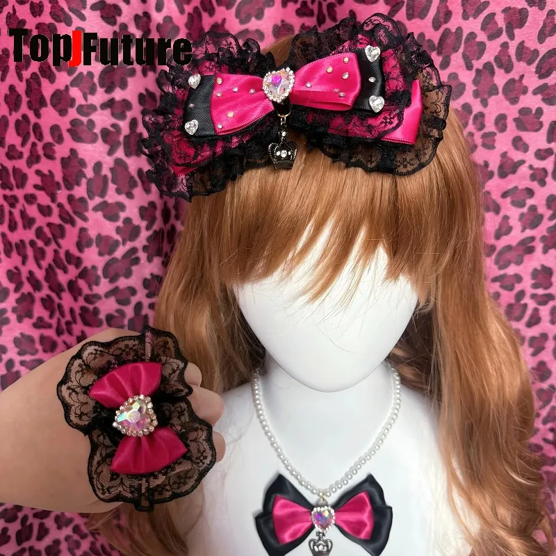 Estilo Hime Y2K, Subcultura Gyaru, Chica Picante, Lazo de Encaje Negro con Corazón, Pasador de Pelo con Diamantes de Imitación, Collar de Cadena de Perlas, Anillo de Moda