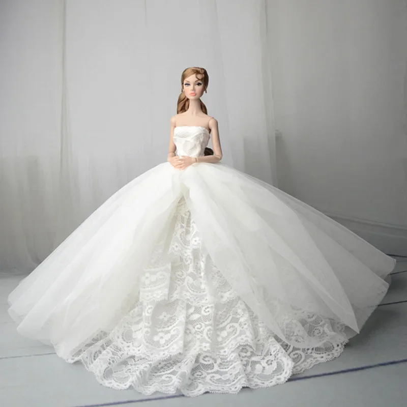 White Lace Handmade Wedding Dress For Barbie Doll Outfits Princess Evening Party Ball Long Gown Skirt Bridal Dress Accessories