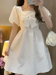 Jmprs Korean S-4Xl Sweet Bow Dress Women Elegant Fashion Square Collar Mini Dress Summer Preppy Style Female Casual Vestidos New