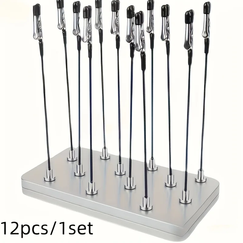 A set of silver model spray paint stand bases with 12 flexible alligator clips, perfect for model painting and DIY crafts
