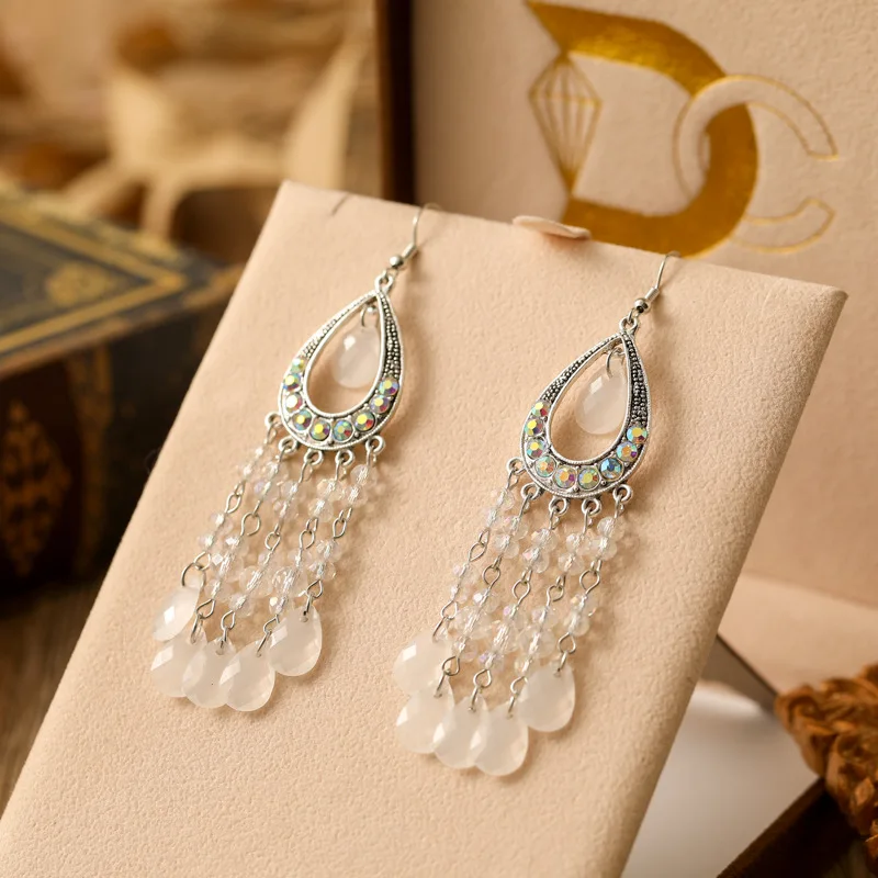 Bohemian Vintage Crystal Rhinestone Handmade Beads Tassel Long Drop Dangle Earring For Women Wedding Trendy Boho Jewelry Earings