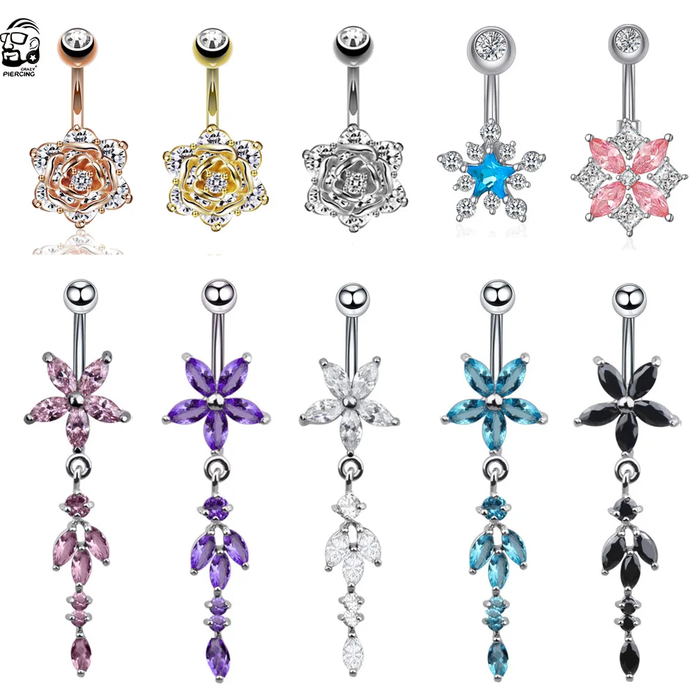 1PC Flower Dangled Belly Piercing Umbigo 14G Stainless Steel Zircon Sexy Belly Button Ring for Women Girls Body Piercing Jewelry