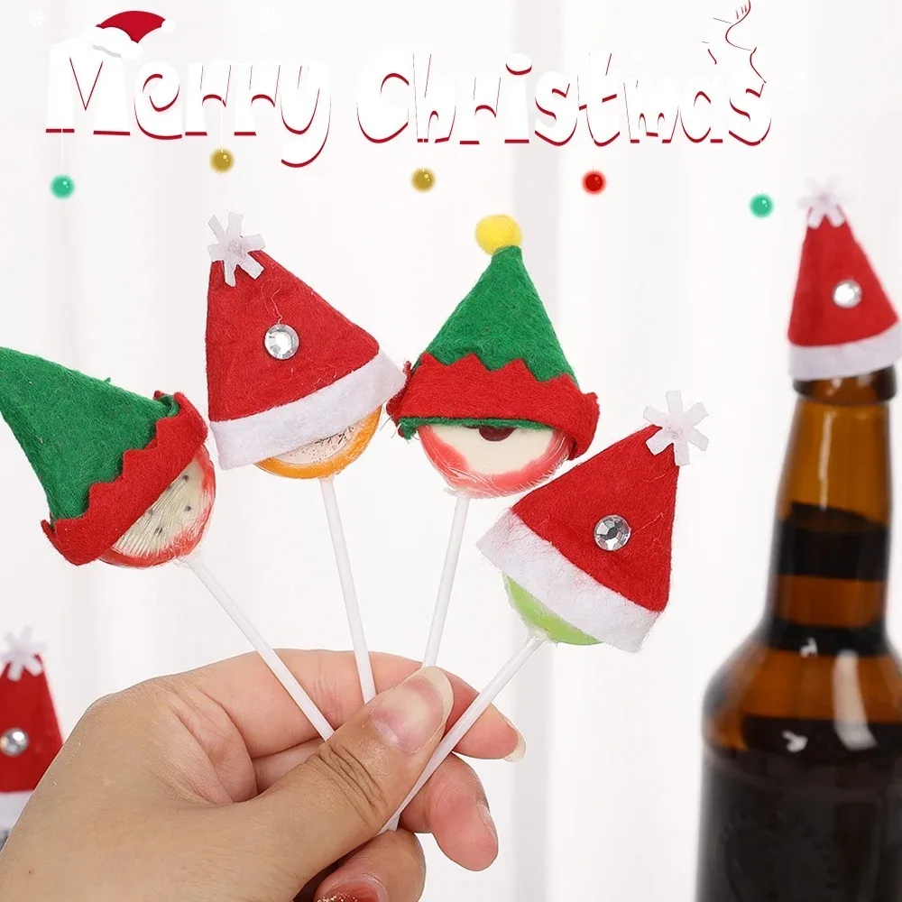 12pcs Lollipop Hat Mini Christmas Hat Gift DIY Elf Craft Supplies Christmas Santa Hats Bottle Ornament Cup Bottles Cover