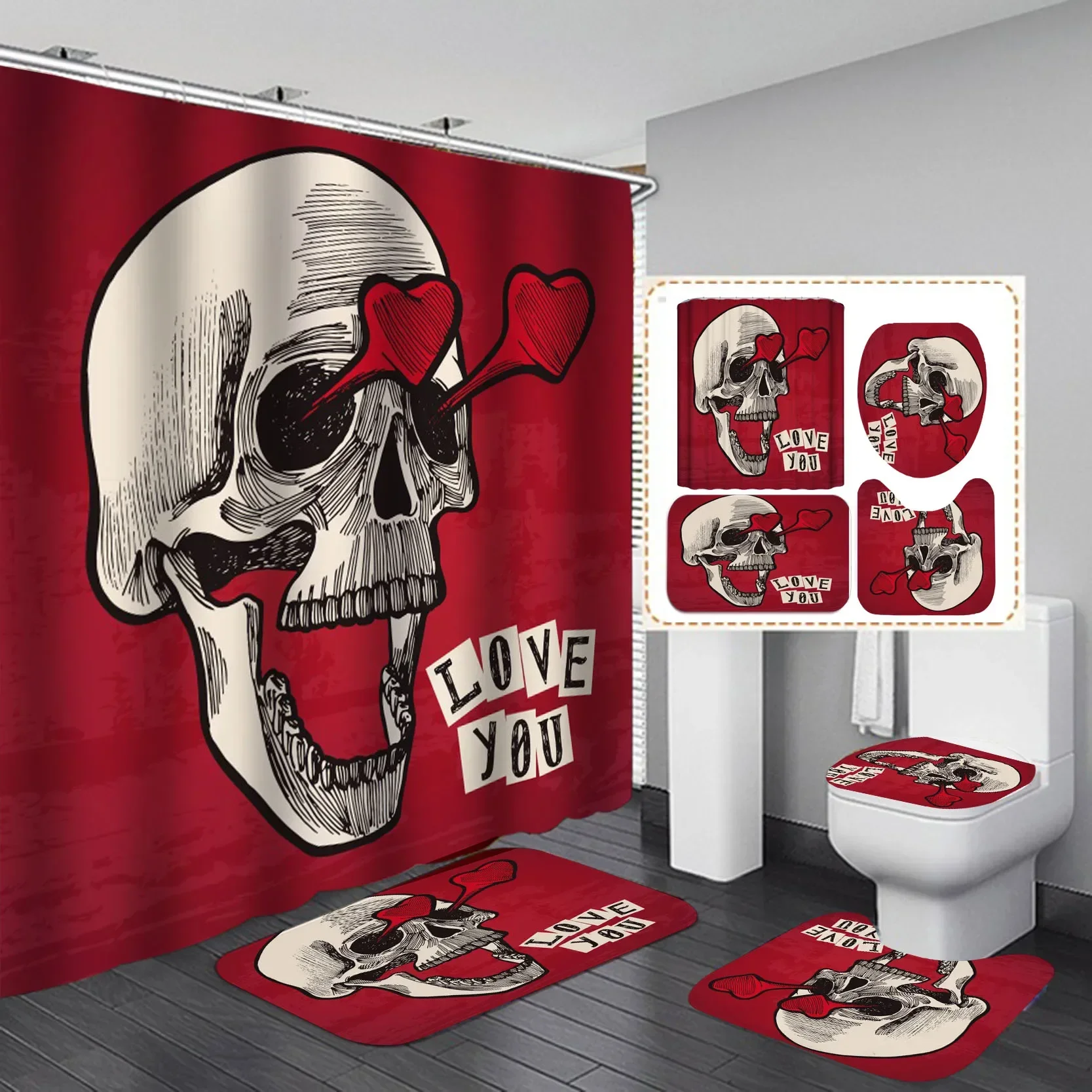 Funny Skull Skeleton Print Shower Curtain Set Halloween Festival Home Decor Bath Mat Toilet Lid Cover Flannel Bathroom Carpet