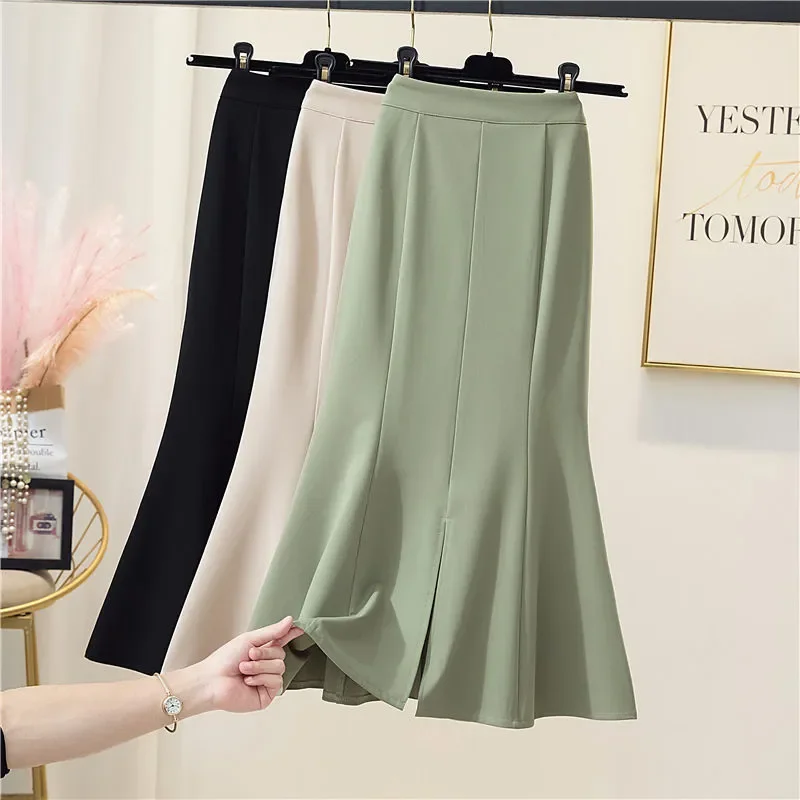 

Fishtail Solid Skirt for Women Spring Autumn New High Waist Slim Mid-Length Slit Sheath Black Long Skirt Women Suit Fabrics F15