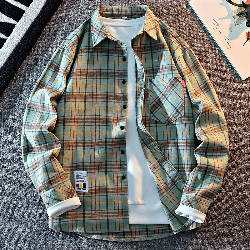 Mens Vintage Grid Plaid Brushed Flannel Button Down Shirts Turn Down Collar Chest Pocket Tag Classic Relaxed Cut Casual Tops