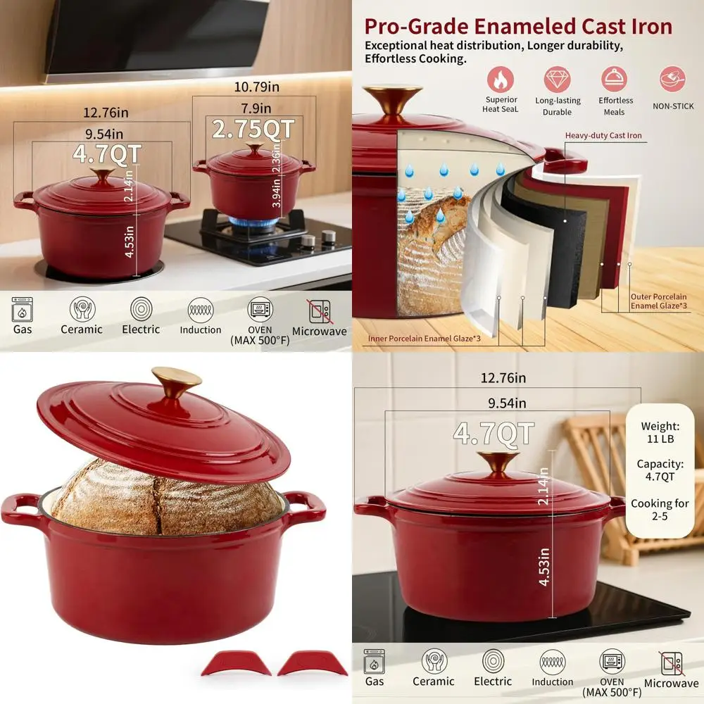 

Enamel Cast Iron Dutch Oven - 4.7 Qt Round Casserole Pot for Bread Baking, Braising, Roasting, and Stews - Heavy-Duty, Oven Safe