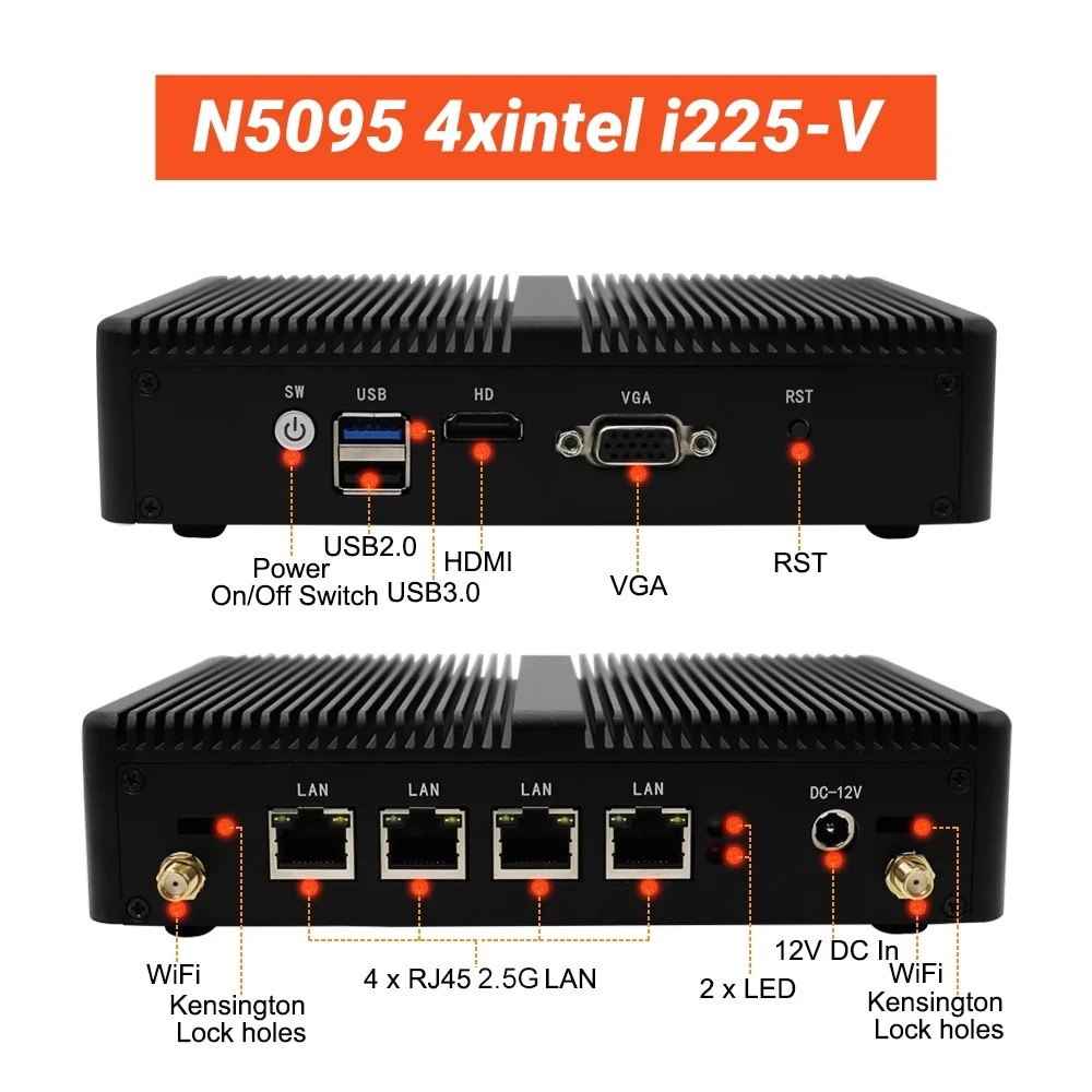 Celeron J1900 N5095 Mini PC senza ventola 4x2,5G Lan Home Office Firewall pc, server di rete/sicurezza e router VPN 8 GB RAM 128 GB SSD