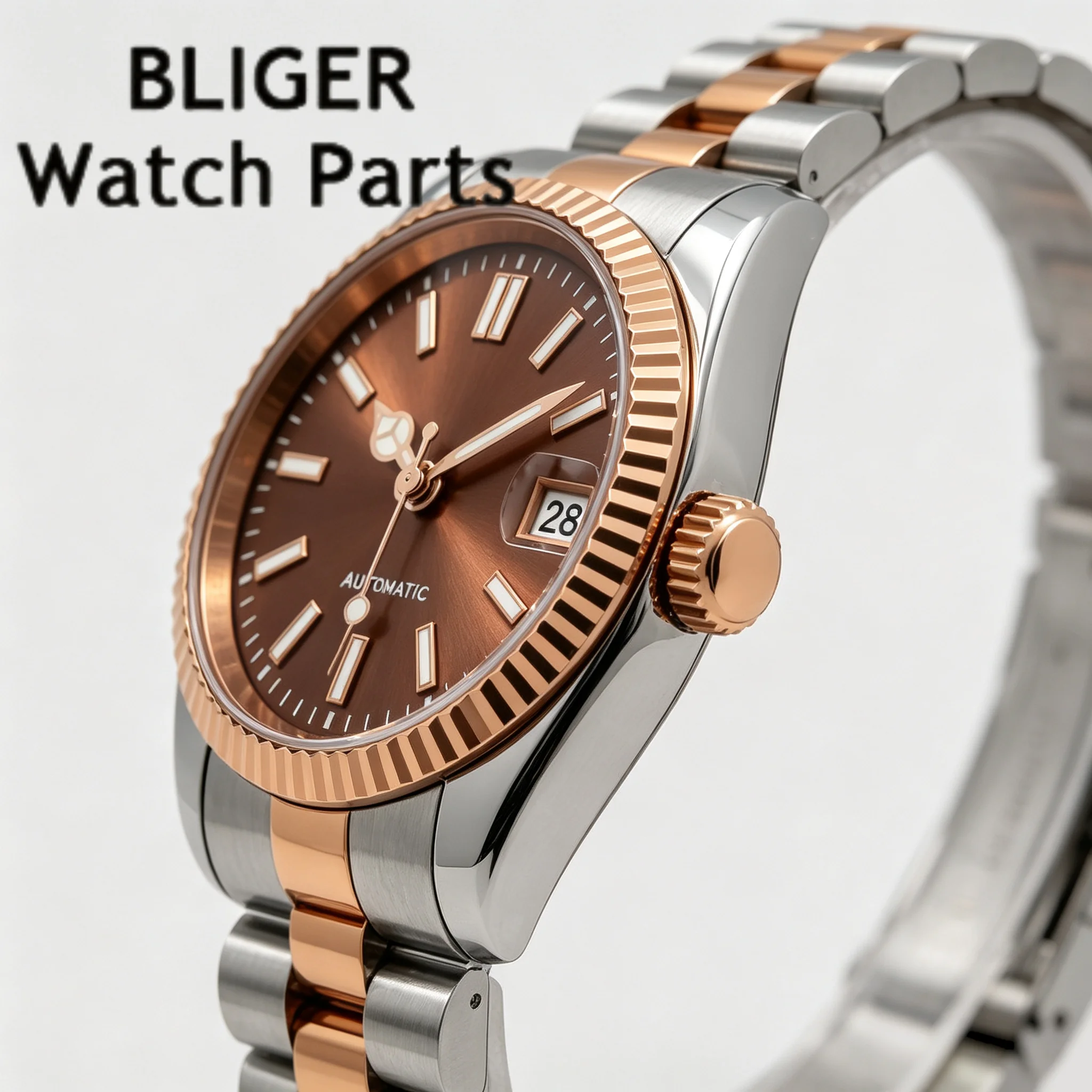 Women Automatic Mechanical Watch 26mm Two Tone Rose Gold Stainless Steel Strap Brown Dial Fluted Bezel Date Display Lady Watches