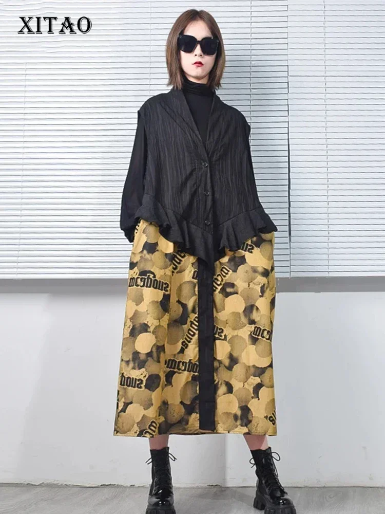 

XITAO New Print Dress Fashion Sleeveless Splicing Ruffle Contrast Color Casual Loose V-neck Collar All-match Women DZL5014
