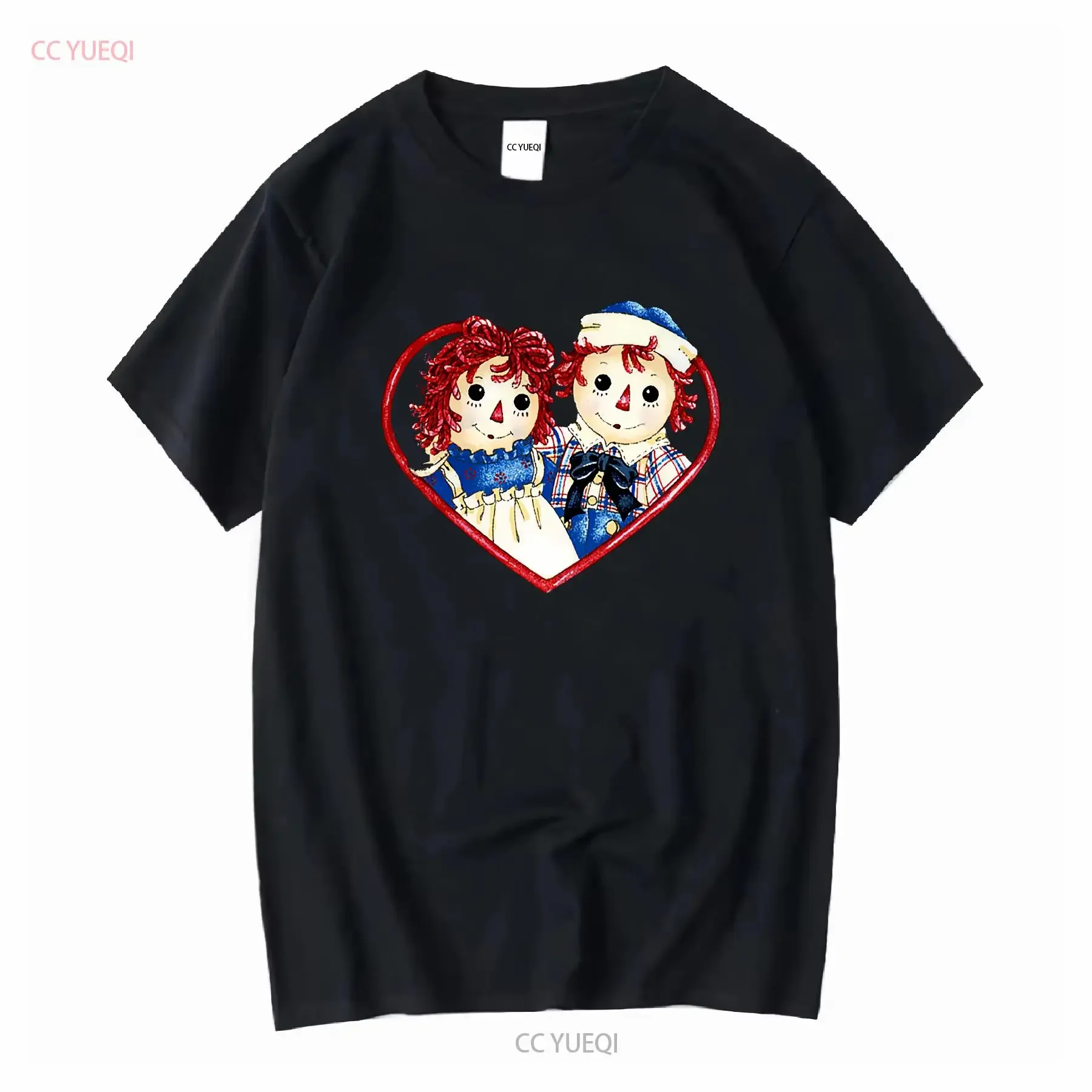 تي شيرت Raggedy Ann and Andy Dolls Vintage Heart Jersey بأكمام طويلة أو قصيرة ملابس كلاسيكية مغسولة قليلاً للجنسين