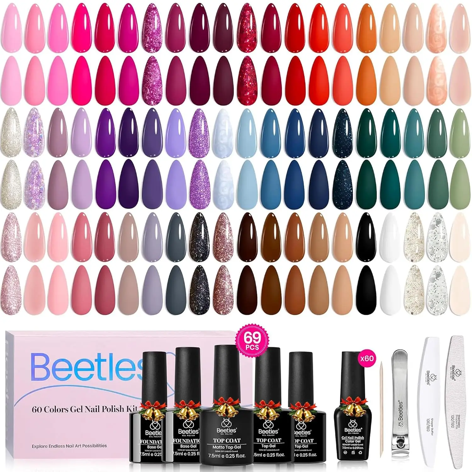 Beetles 60 Colors Gel Nail Polish Set Transcendent Allure Orange Burgundy Red Green Brown Blue White Black Purple Glitter with Box Base Coat Matte Top Coat Nail Buffer Nail File Nail Clipper Stick UV LED Needed DIY Gifts for Women Supplies Gel Polish Kit