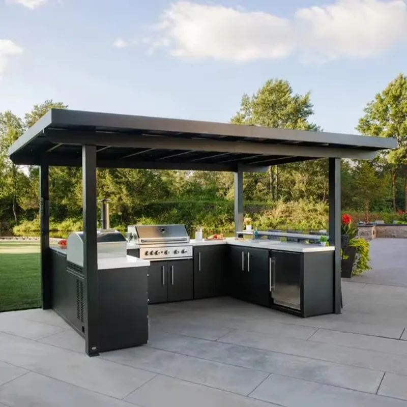 

High-end custom outdoor kitchen with flat roof pergola construction solution for outdoor living