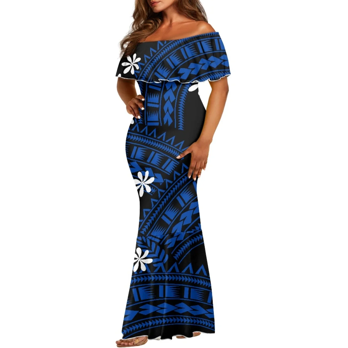 Abito da Festa con Arte Polinesiana, Vestito a Sirena con Spalle Scoperte, Abito da Sera Aderente con Tatuaggi Tribali Personalizzati