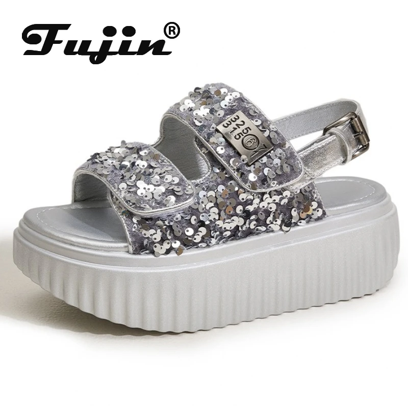 

Fujin 6 см синтетическая кожа из микрофибры, блестящие высококачественные брендовые удобные модные кроссовки на танкетке на платформе, женские кроссовки на массивной платформе с пряжкой