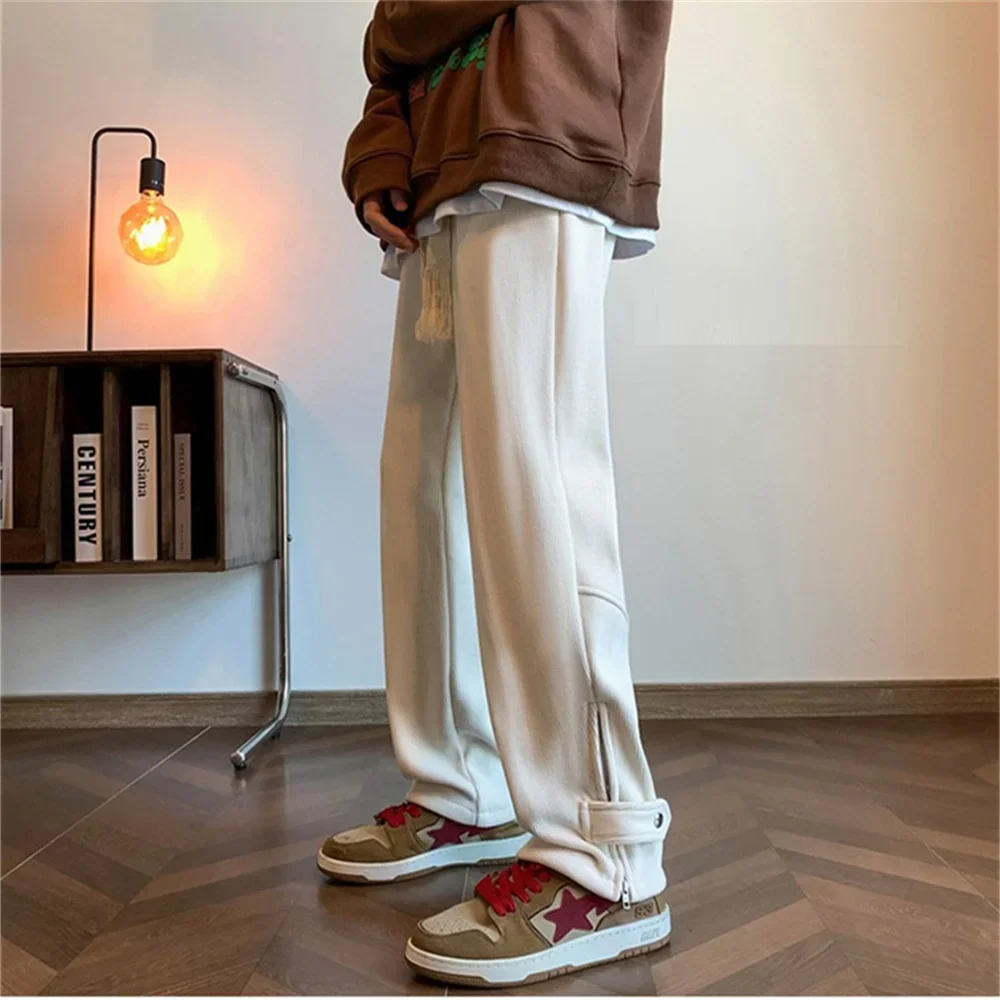 

Men's Winter Warm Pants Leggings Thickened Drawstring Sweatpants Straight Wide Leg Casual Long Pants Straight tube wide zipper