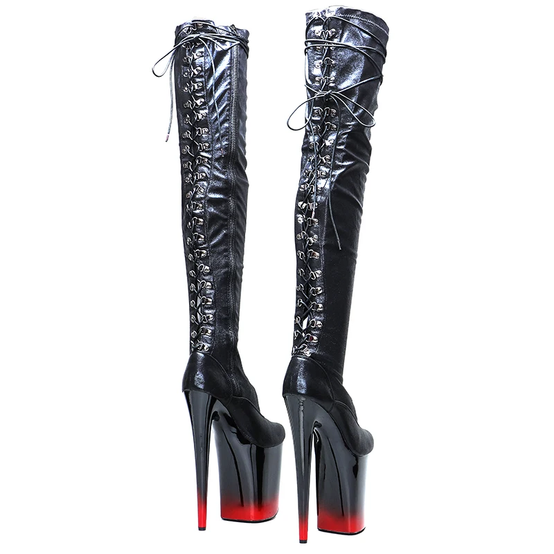 Leecabe  23CM/9inches PU  laces-up at the back Trend fashion high Heel platform stripper heel Pole Dance boots