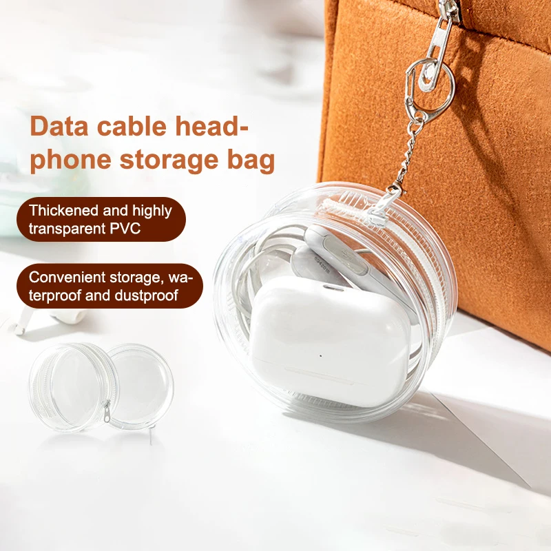 Bolsa colgante transparente redonda de 1 piezas, Bolso de Plástico grueso con insignia, Cable de datos, auriculares Bluetooth, lápiz labial