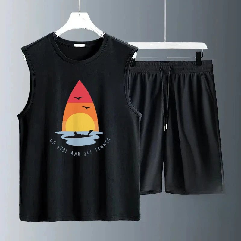 

2025 Men's Breathable Sleeveless Sunrise graffiti prints suits Summer Set Trendy Casual Wear for Gym Running and Travel gym set