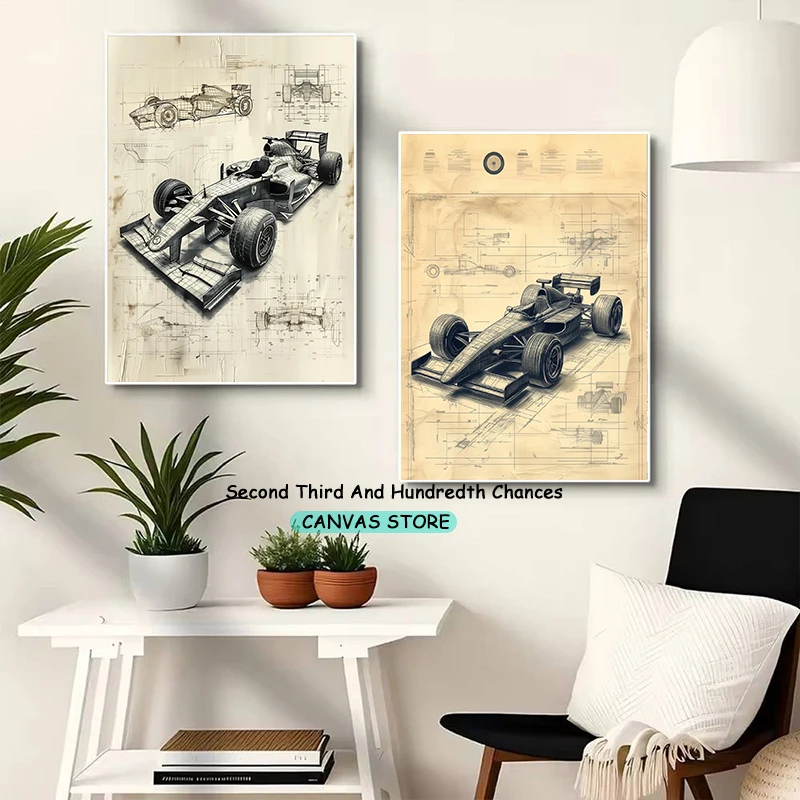 Vintage Racing Car Blueprint Motorsport Engineering Print Race Car Technical Drawing Poster Canvas Painting Wall Pictures Decor