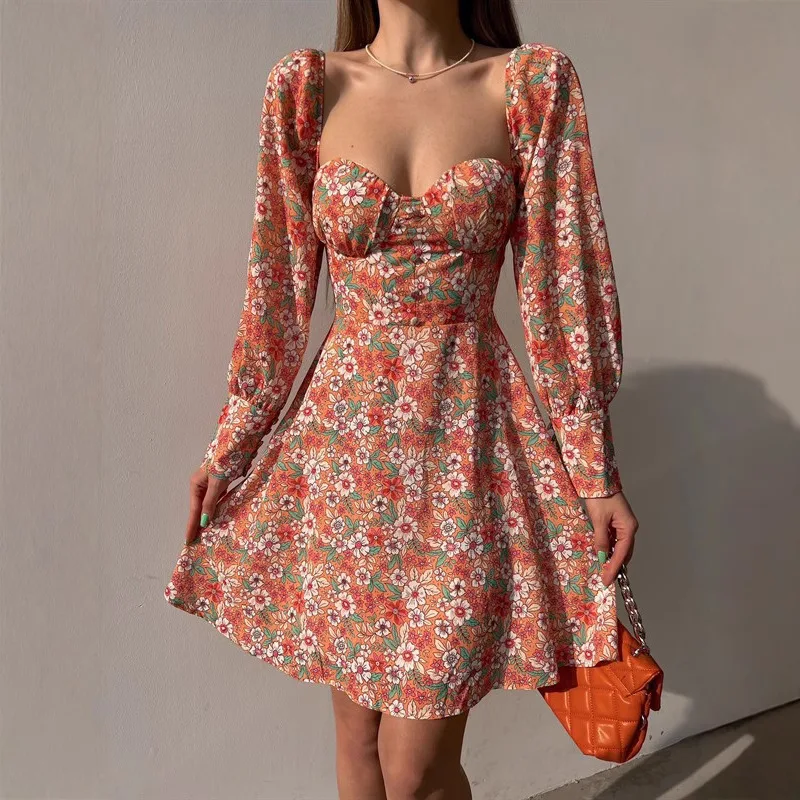 فستان نسائي جديد للربيع والصيف على شكل زهرة فرنسية بقصة منخفضة ورقبة مربعة وحزام خلفي فستان على شكل حرف A 288